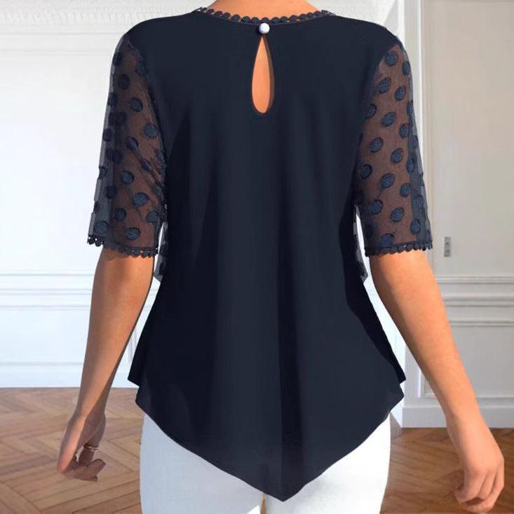Damen nan Tüllbluse mit bestickten Punkten, halbtransparenten Ärmeln und asymmetrischem Stufensaum Drune