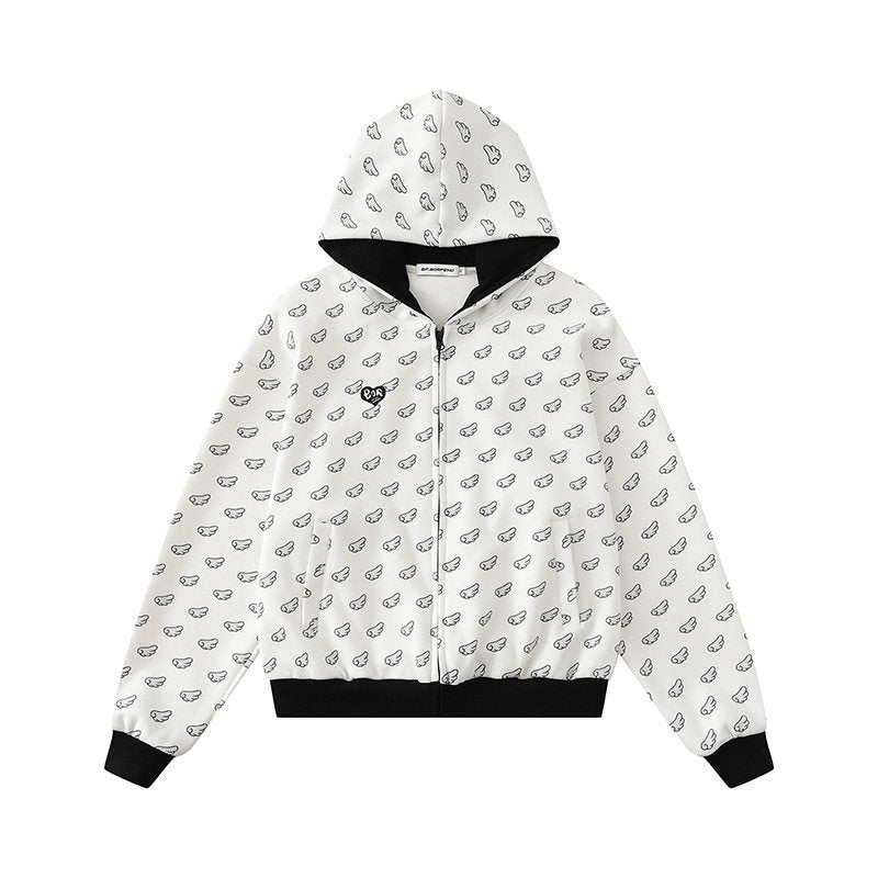 Damen Kapuzensweatjacke mit Allover‑Flügelmotiv, durchgehendem Reißverschluss und kontrastierenden Bündchen Drune