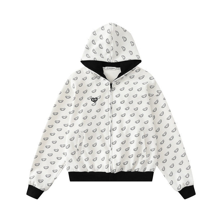 Damen Kapuzensweatjacke mit Allover‑Flügelmotiv, durchgehendem Reißverschluss und kontrastierenden Bündchen Drune