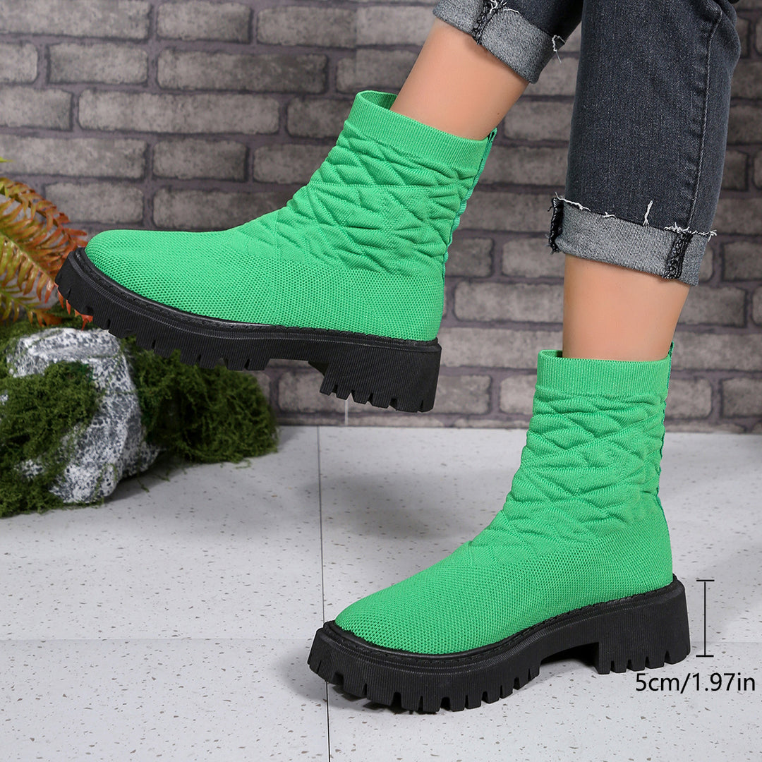 Damen Strick-Sockenboots mit geometrischer Stepp-Optik und klobiger Lug-Sohle Drune