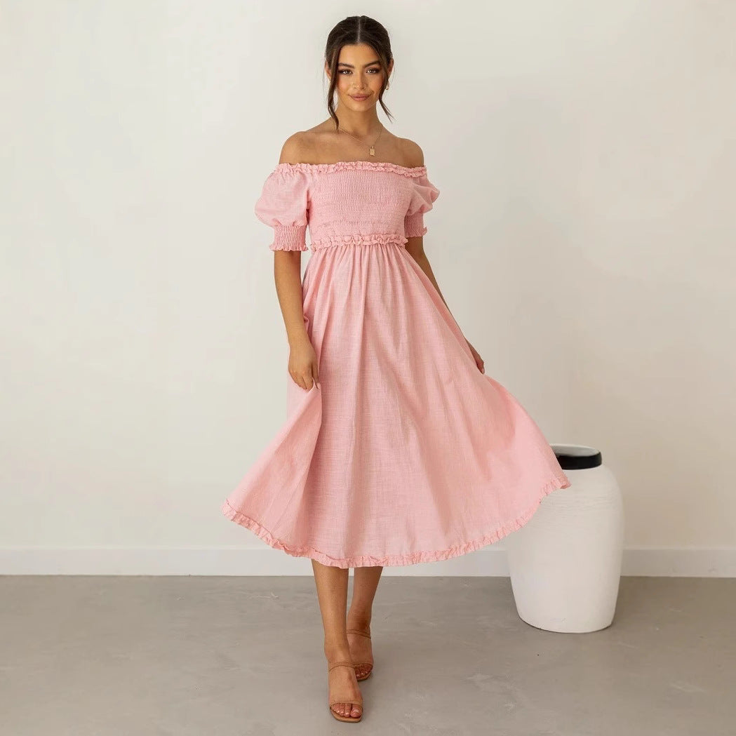 Damen Off-Shoulder Midikleid mit luftiger Silhouette und Rüschendetails Drune