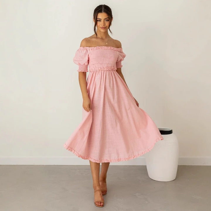 Damen Off-Shoulder Midikleid mit luftiger Silhouette und Rüschendetails Drune