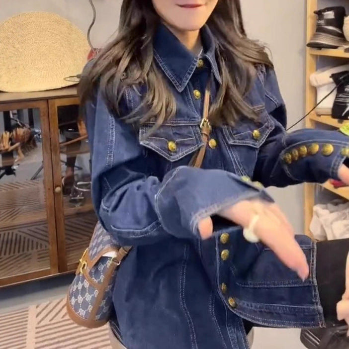 Damen Jeanshemdjacke mit goldenen Druckknöpfen Drune