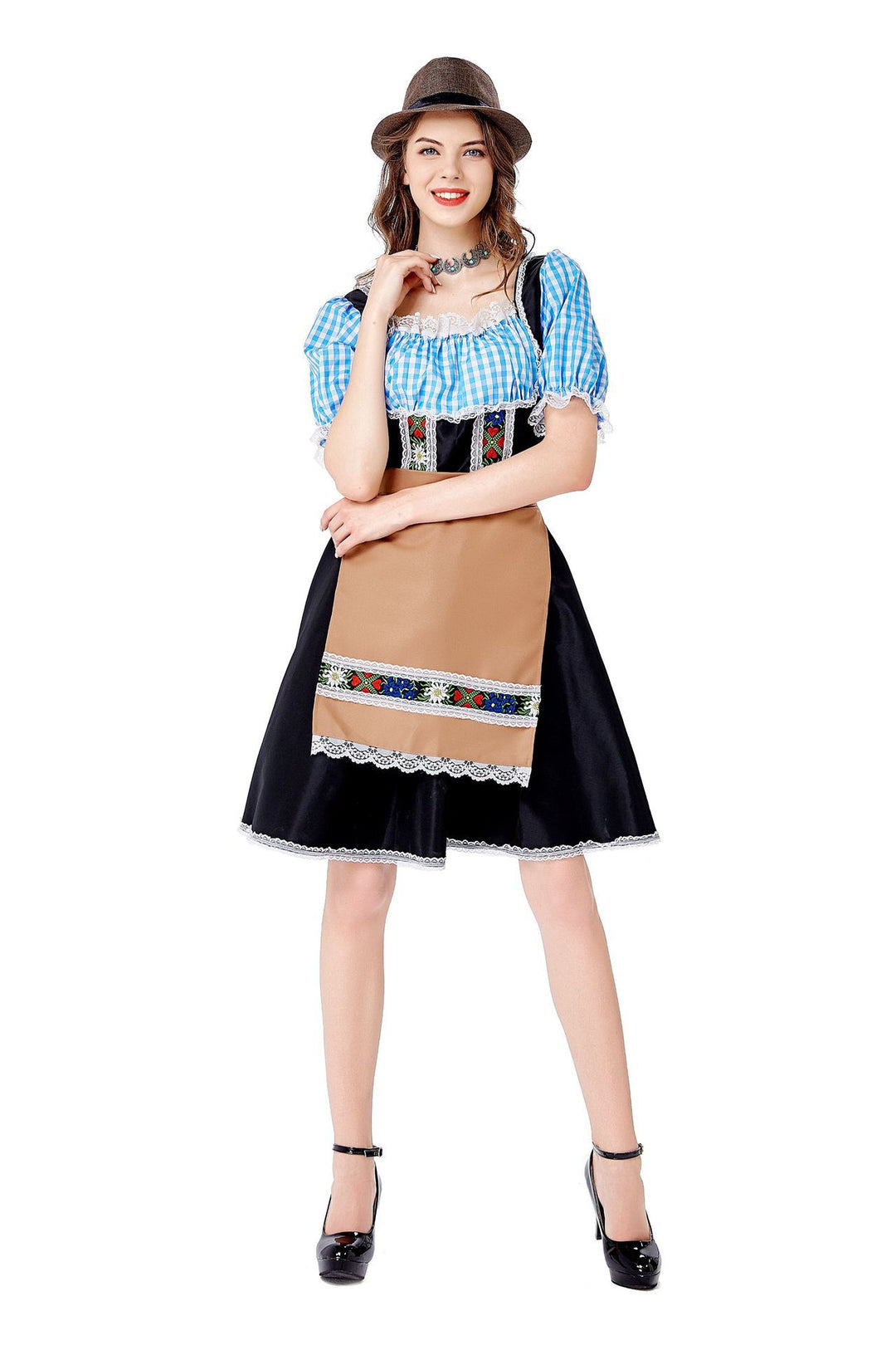 Damen nan folklorisches Oktoberfest-Kostüm im Dirndlstil mit Carmenbluse geschnürtem Mieder und bestickter Schürze Drune