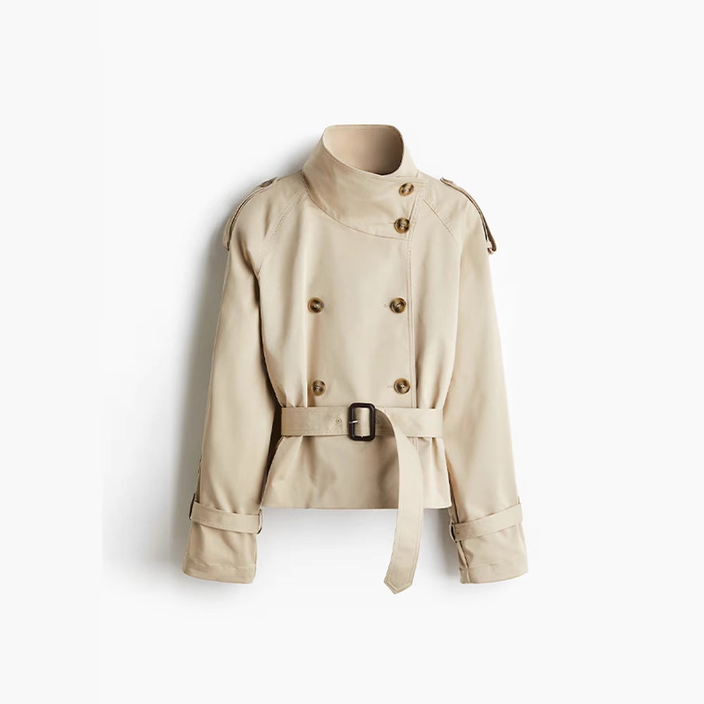 Damen trendige Kurzjacke im modernen Trenchcoat-Stil mit breitem Kragen und Taillengürtel Drune