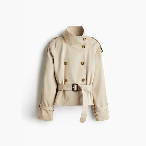 Damen trendige Kurzjacke im modernen Trenchcoat-Stil mit breitem Kragen und Taillengürtel Drune