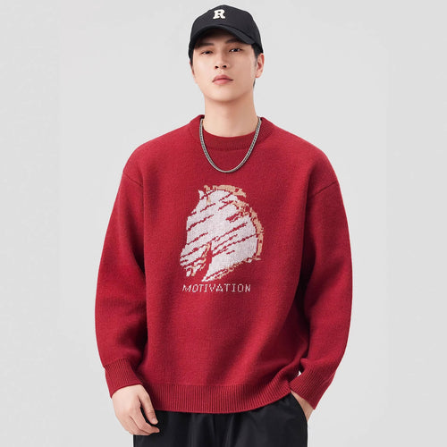 Damen Oversize-Strickpullover mit Intarsienmotiv und Rundhalsausschnitt Drune