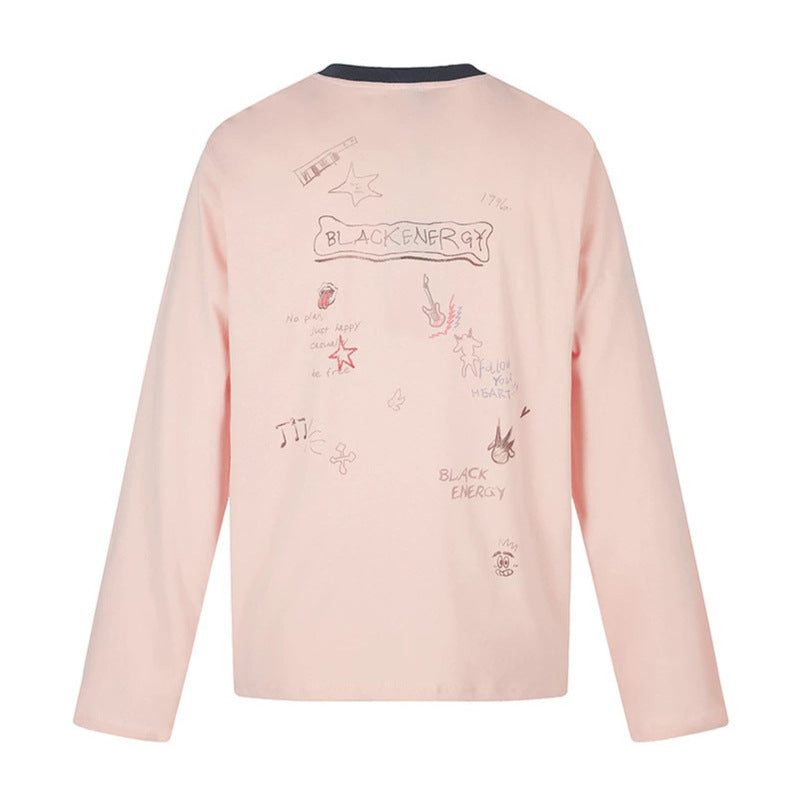 Damen Langarmshirt mit Comic-Gitarrenprint, Glitzerdetail und Kontrastkragen Drune