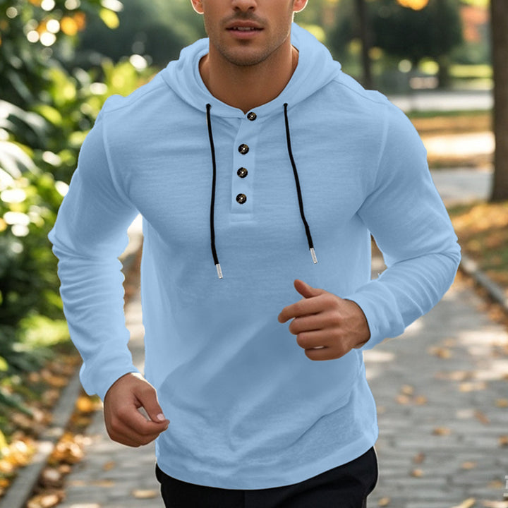 Herren nan lässiger Kapuzenpullover im Henley‑Stil mit Knopfleiste und verstellbarem Kordelzug Drune