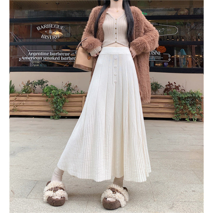 Damen Eleganter Maxirock mit feinem Faltenwurf und Knopfdetails Drune