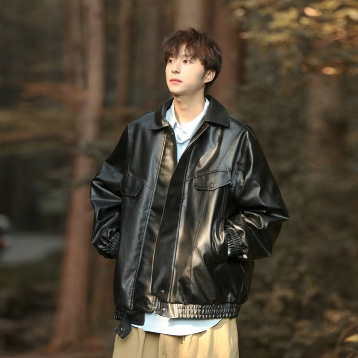 Herren Oversized Kunstleder Bomberjacke mit Pattentaschen Drune