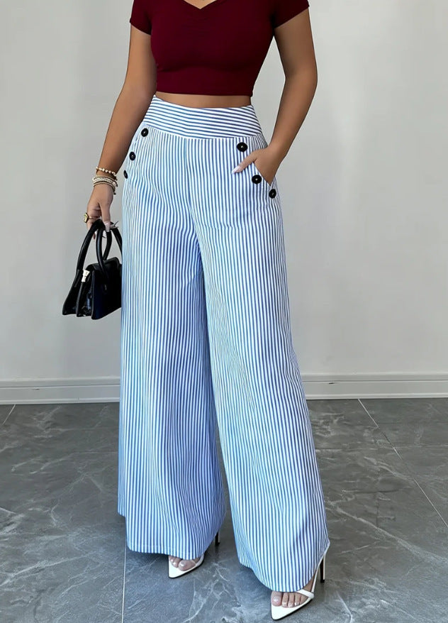 Damen nan hochgeschnittene Palazzo-Hose mit maritimen Knopfdetails und weitem Bein Drune