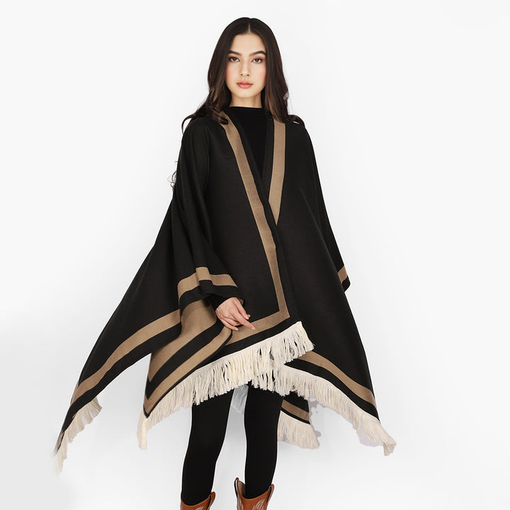 Damen Gefütterter Oversize‑Capeponcho im Kimono‑Schnitt mit Kontrastbordüre und Fransensaum Drune