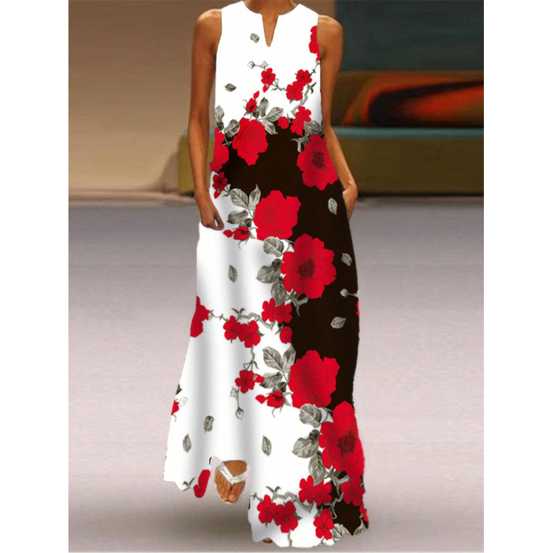 Damen Maxikleid mit elegantem floralem Design und seitlichen Taschen Drune