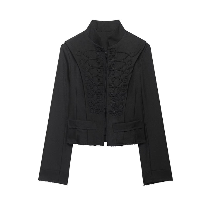 Damen Cropped‑Militärblazer mit Stehkragen, dekorativen Schlaufen und fransigem Saum Drune