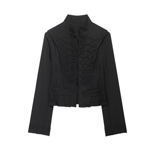 Damen Cropped‑Militärblazer mit Stehkragen, dekorativen Schlaufen und fransigem Saum Drune