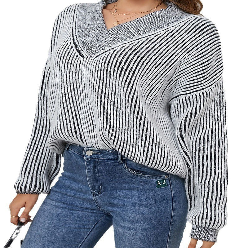 Damen Oversize-Strickpullover mit V-Ausschnitt und grafischem Streifenmuster Drune