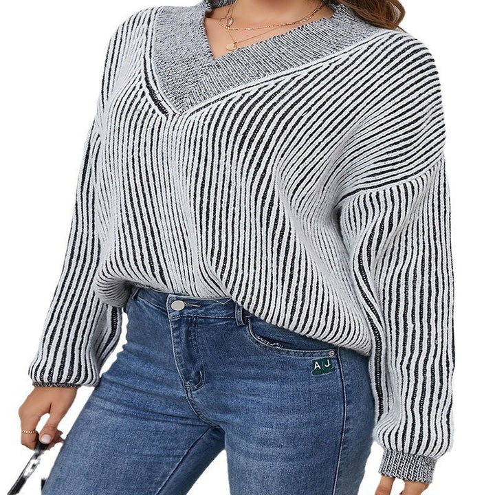 Damen Oversize-Strickpullover mit V-Ausschnitt und grafischem Streifenmuster Drune