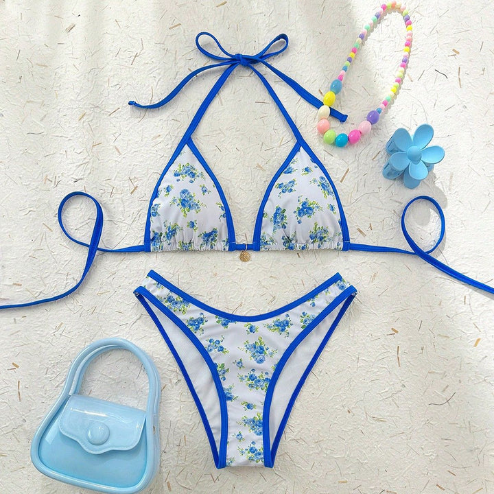 Damen Triangel-Bikini mit verspieltem Blumenmuster und verstellbaren Trägern Drune