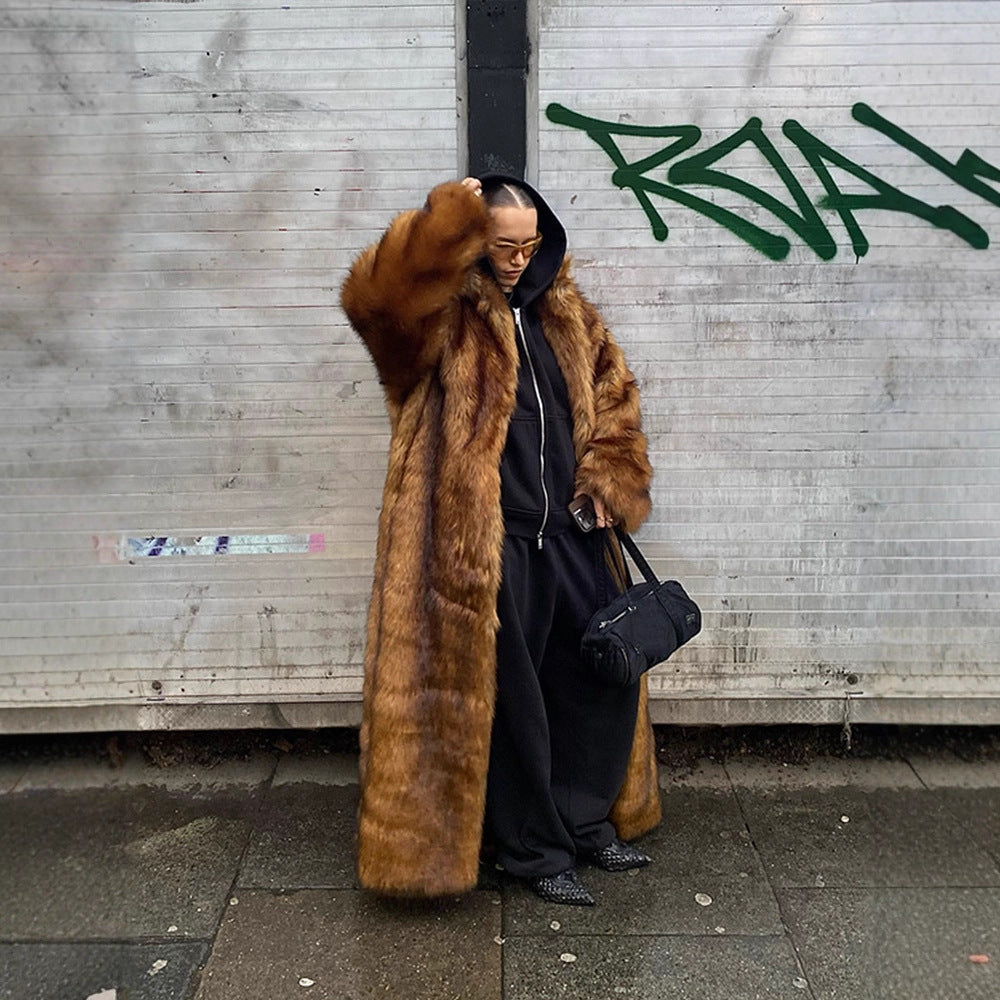Damen Oversize Kunstpelz-Mantel mit Kapuze und luxuriöser Felloptik Drune