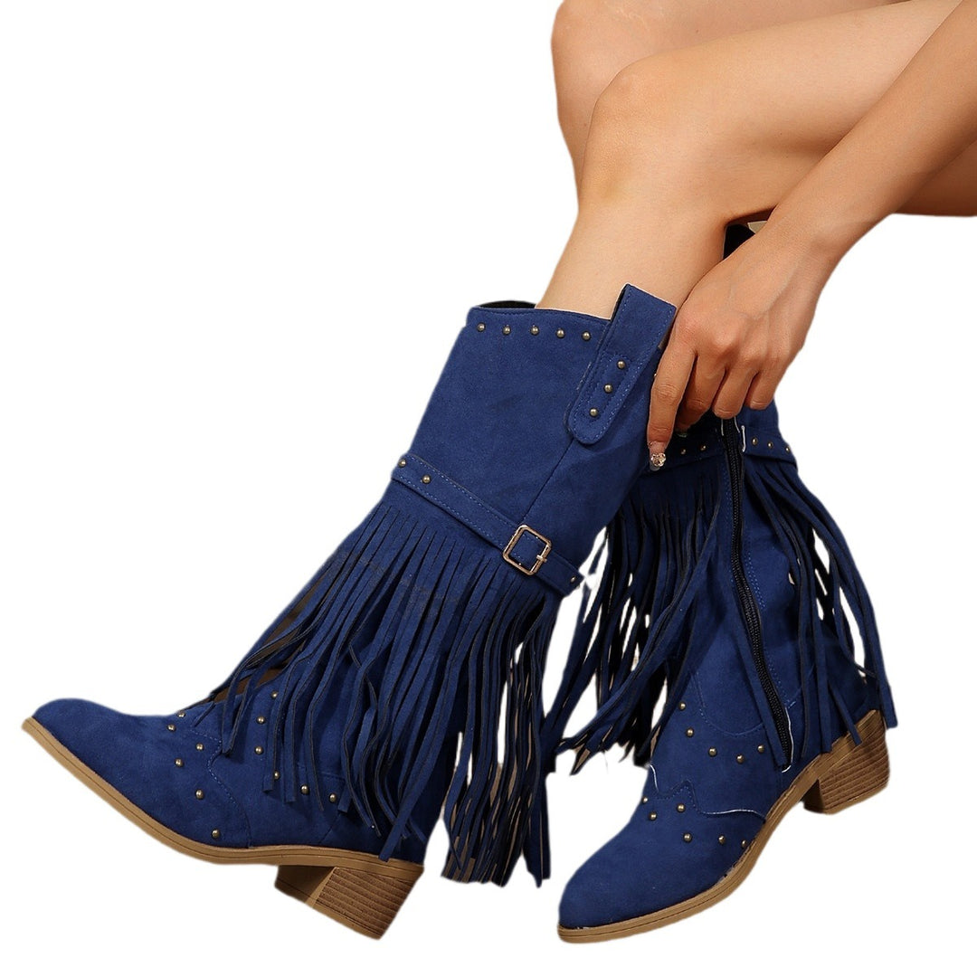 Damen Fransen-Stiefel mit Nietenverzierungen und Blockabsatz Drune