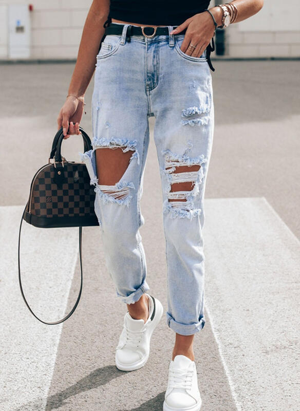 Damen Ripped Boyfriend Jeans im lässigen Vintage-Stil mit hohem Bund Drune
