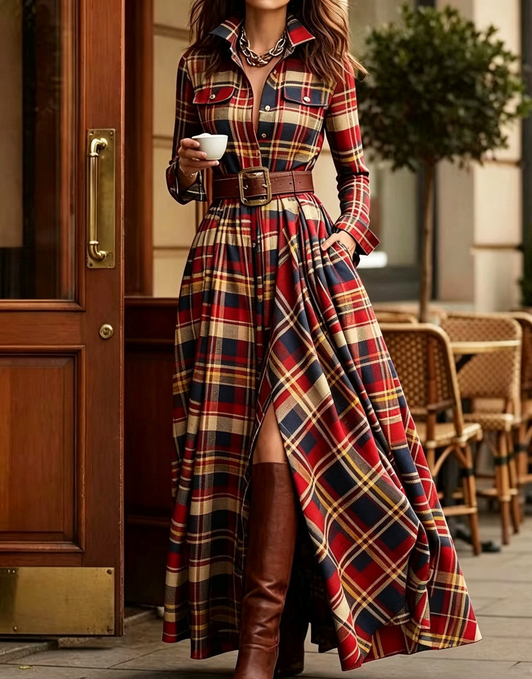 Damen nan karierte Maxikleid Hemdblusenkleid mit ausgestelltem Rock und breitem Taillengürtel Drune