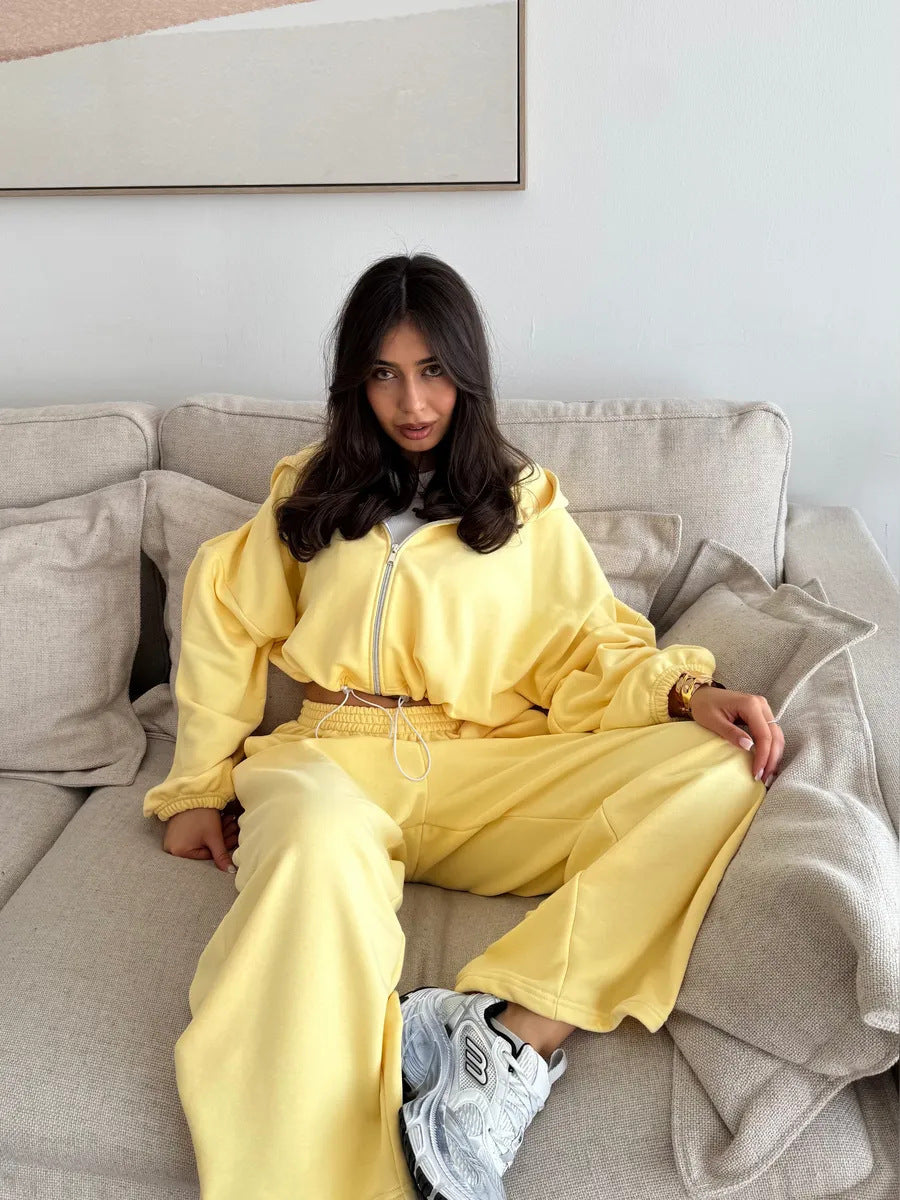 Damen kurzes Kapuzenzipper-Lounge-Set mit oversized Ärmeln und weitem Jogginghose-Schnitt Drune