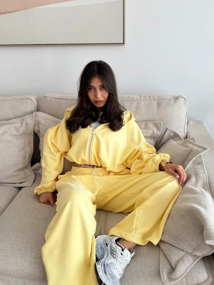 Damen kurzes Kapuzenzipper-Lounge-Set mit oversized Ärmeln und weitem Jogginghose-Schnitt Drune