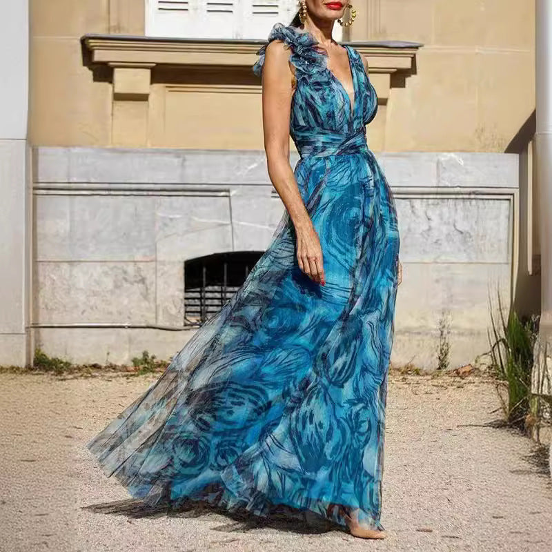 Damen Maxikleid mit romantischen Volantärmeln und floralem Transparenzstoff Drune