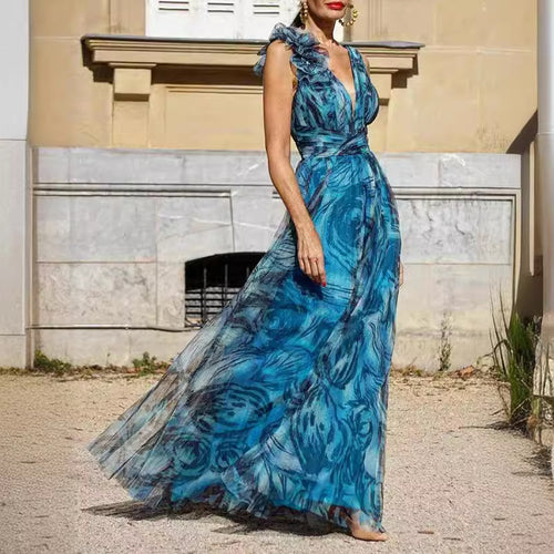 Damen Maxikleid mit romantischen Volantärmeln und floralem Transparenzstoff Drune