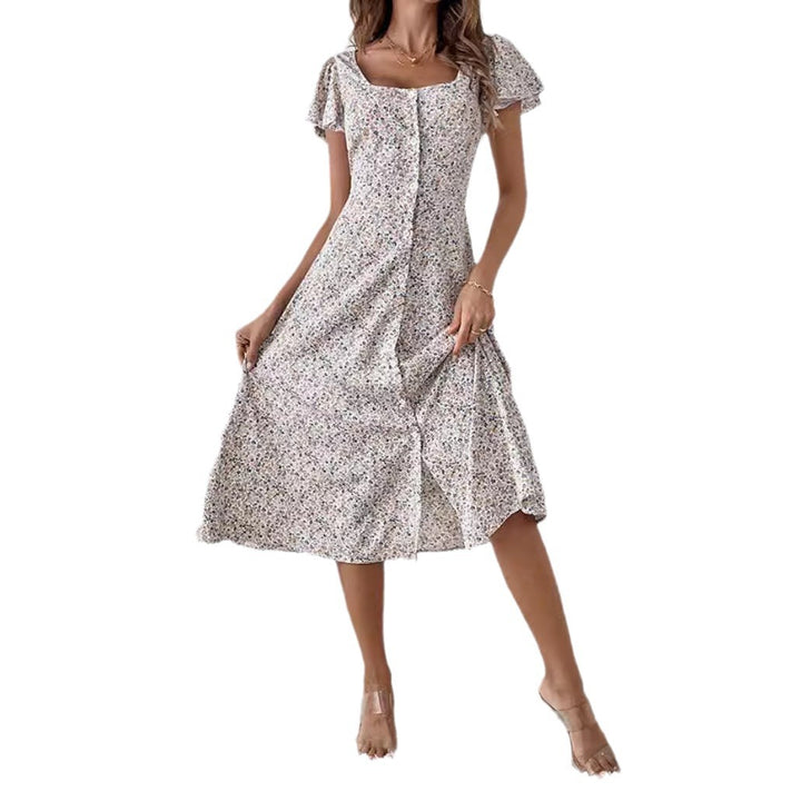 Damen nan tailliertes Midikleid mit quadratischem Ausschnitt, verdeckter Knopfleiste und fließendem A-Linien-Rock Drune