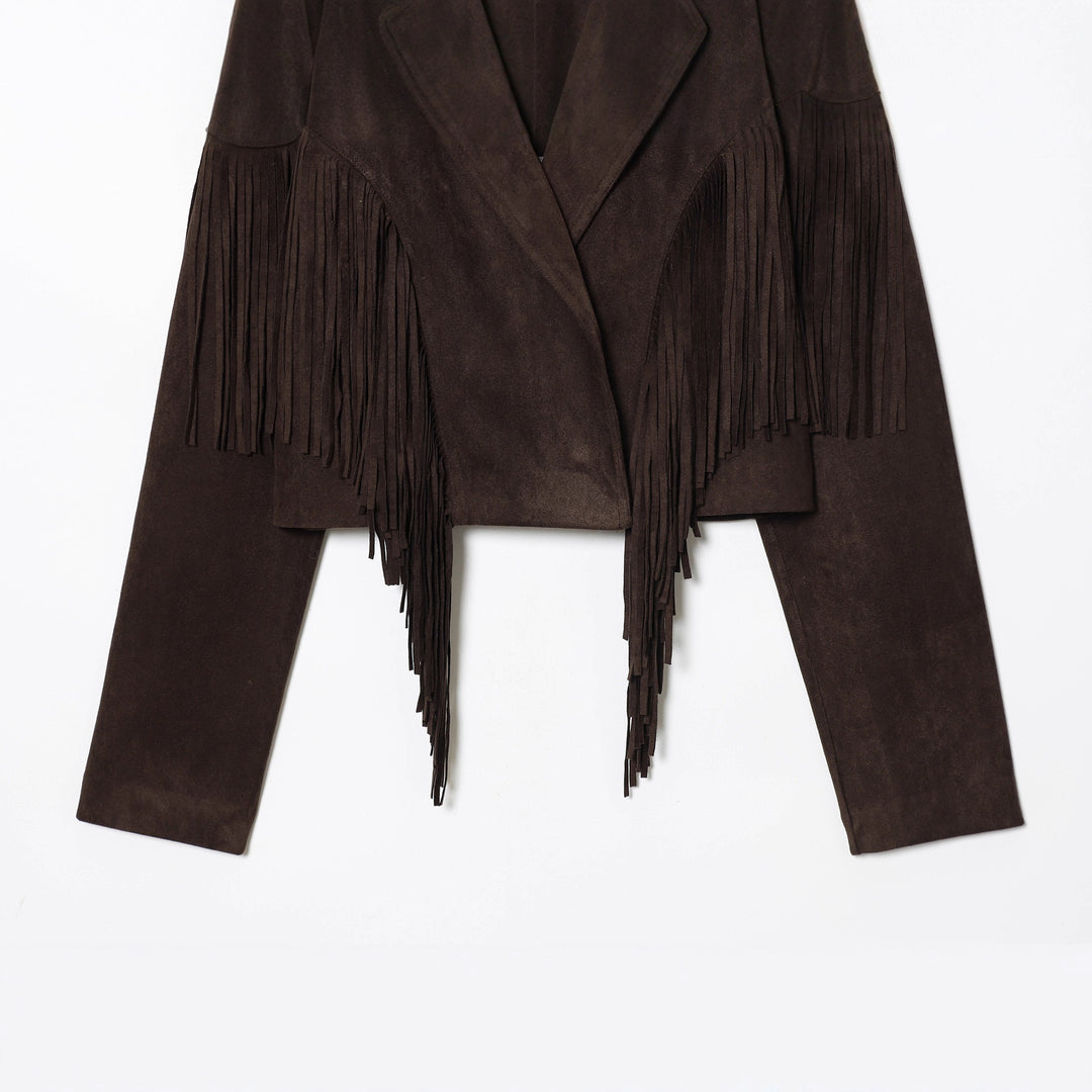Damen nan kurze Wildlederjacke mit Reverskragen, kastigem Cropped‑Schnitt und dekorativen Fransen Drune