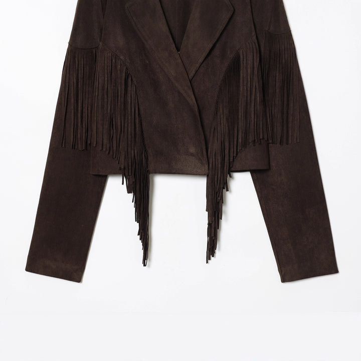 Damen nan kurze Wildlederjacke mit Reverskragen, kastigem Cropped‑Schnitt und dekorativen Fransen Drune
