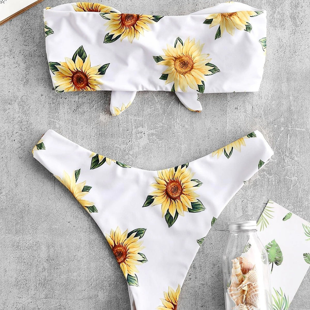 Damen Bandeau-Bikini mit floralem Design und praktischen Knoten Drune
