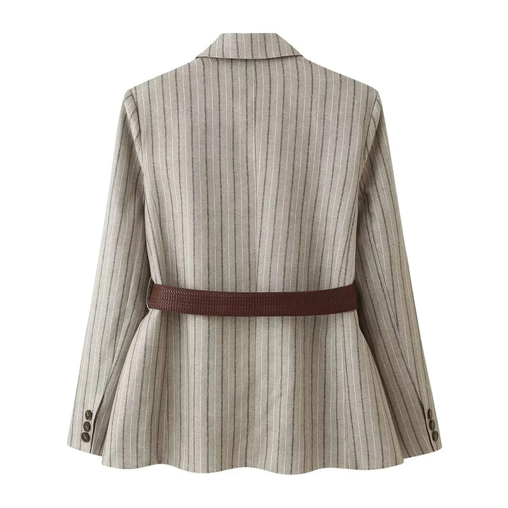 Damen nan taillierter Nadelstreifen-Blazer mit dekorativem Gürtel und Pattentaschen Drune