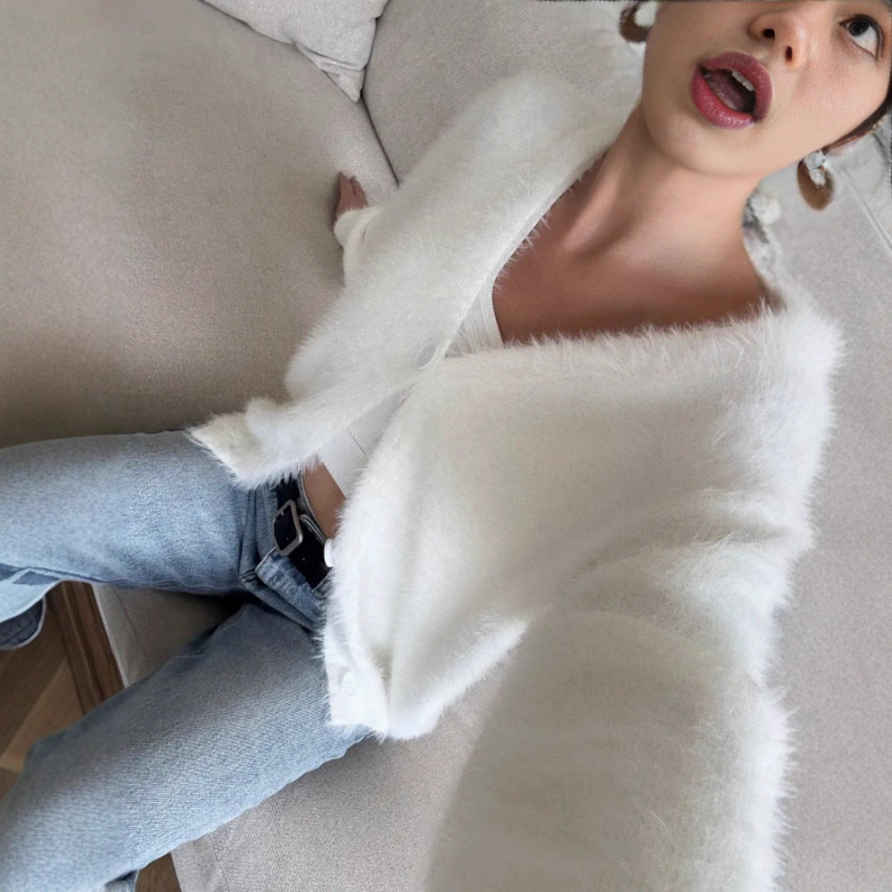 Damen Flauschiger Cardigan mit Druckknöpfen Drune
