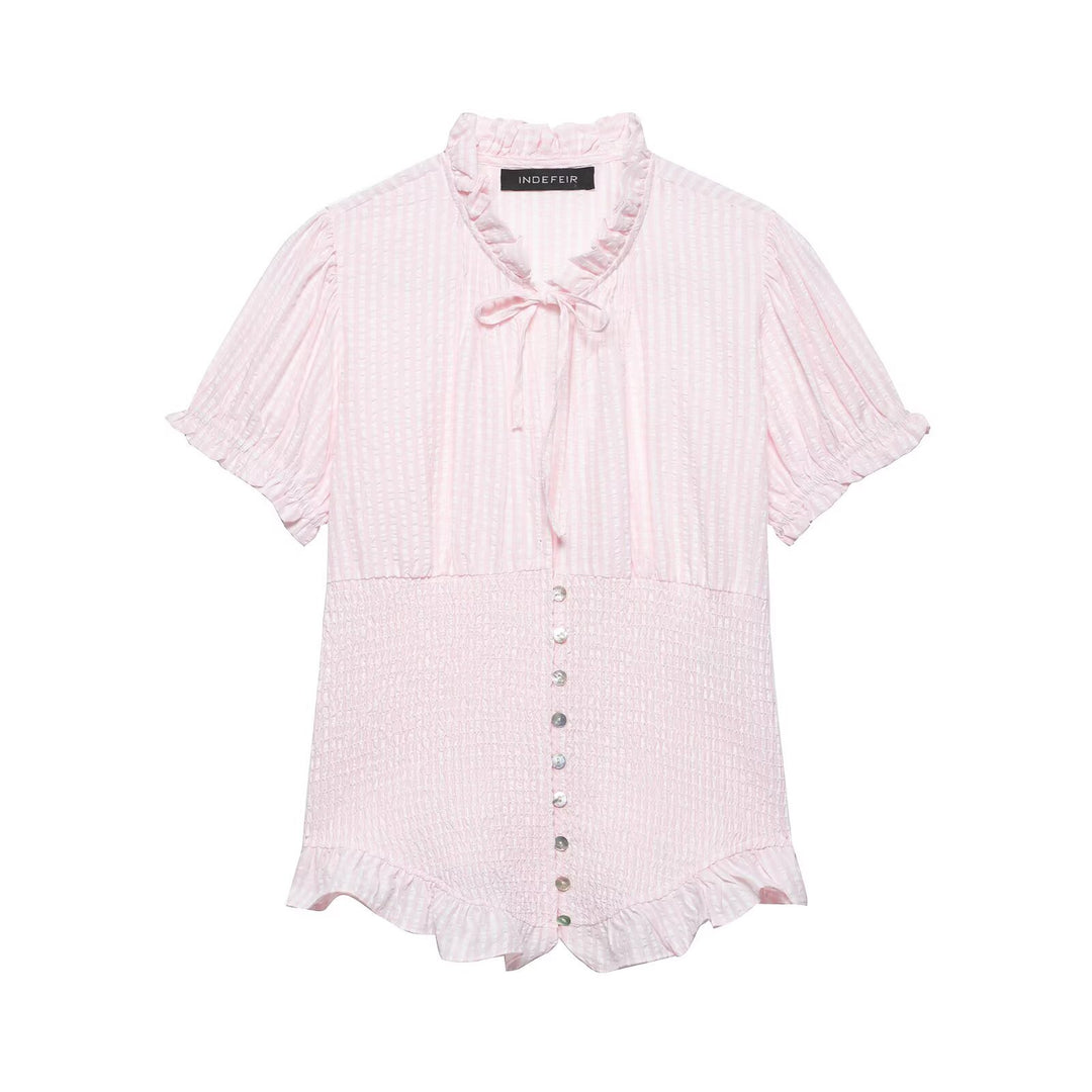 Damen Rüschenbluse mit geschlitztem Kragen und Knopfdetails Drune