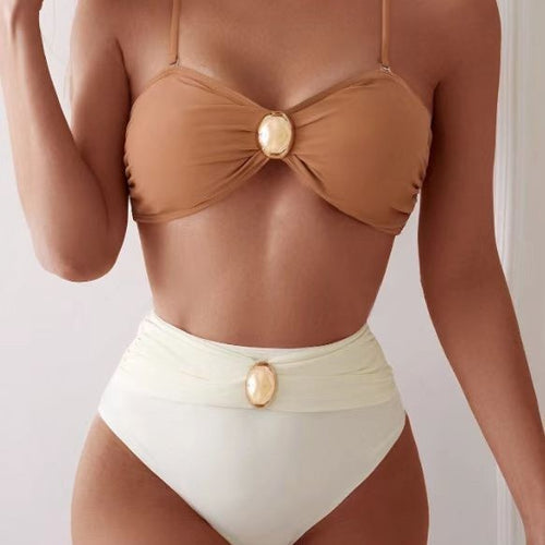 Damen Hochgeschnittenes Bikini-Set mit schickem Gold-Detail Drune