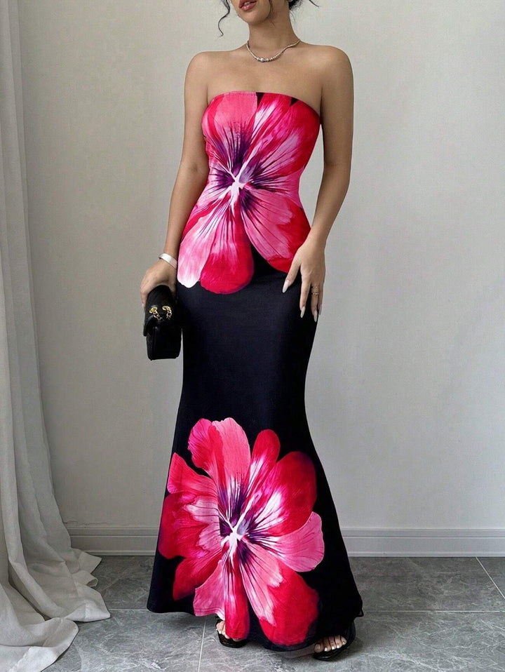 Damen Strapless Maxikleid mit floralen Akzenten und elegantem Slim-Fit Drune