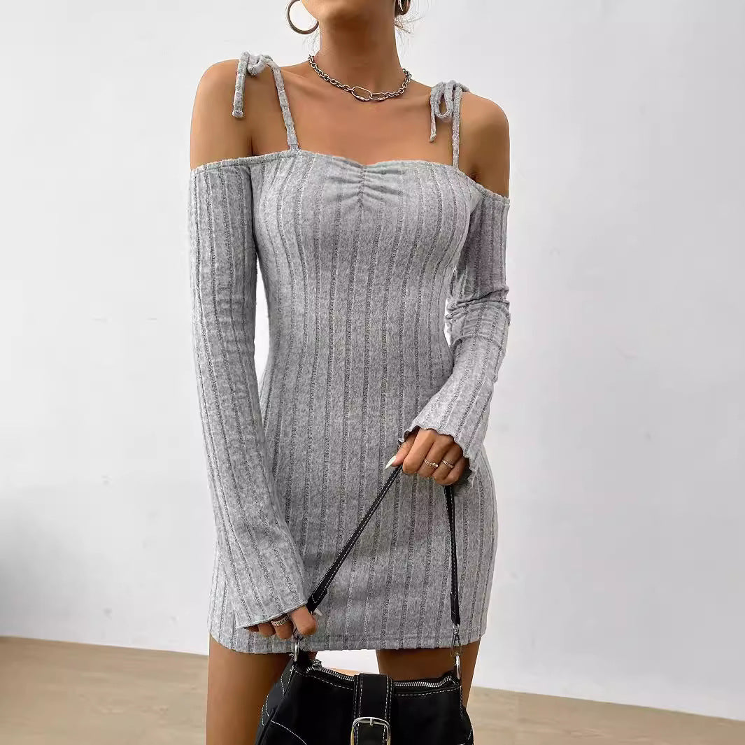 Damen geripptes One-Shoulder-Strickminikleid mit Bindeträgern taillierter Bodycon-Passform Drune