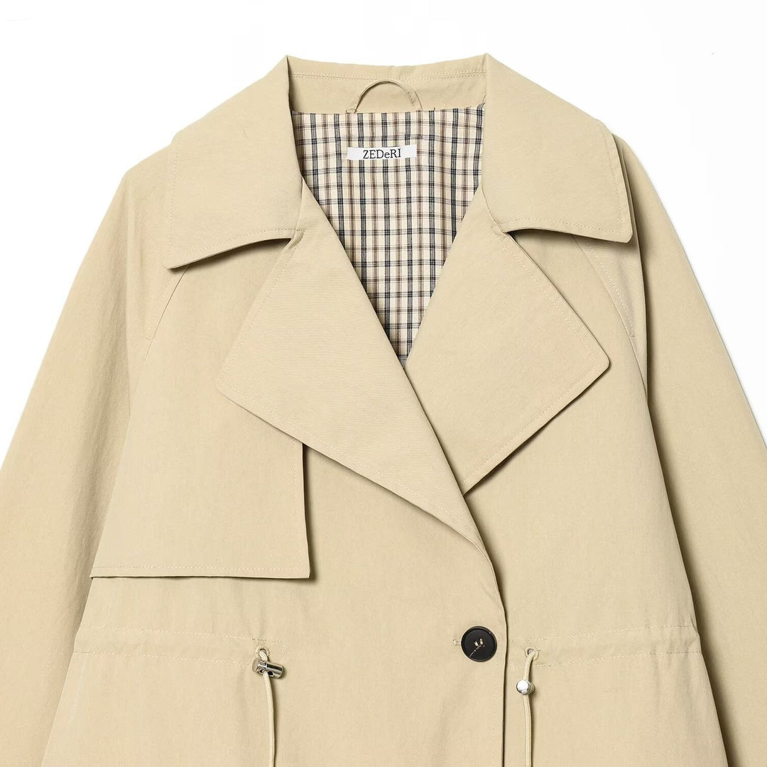 Damen Kurzer Oversize-Trenchcoat mit Tunnelzugtaillen und weitem Revers Drune