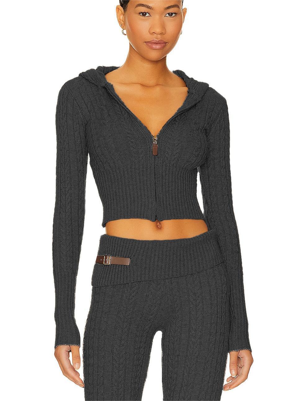 Damen Cropped Strickjacke mit Kapuze und hohem Kragen Drune