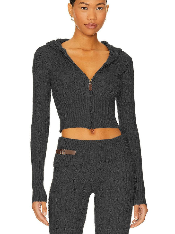 Damen Cropped Strickjacke mit Kapuze und hohem Kragen Drune