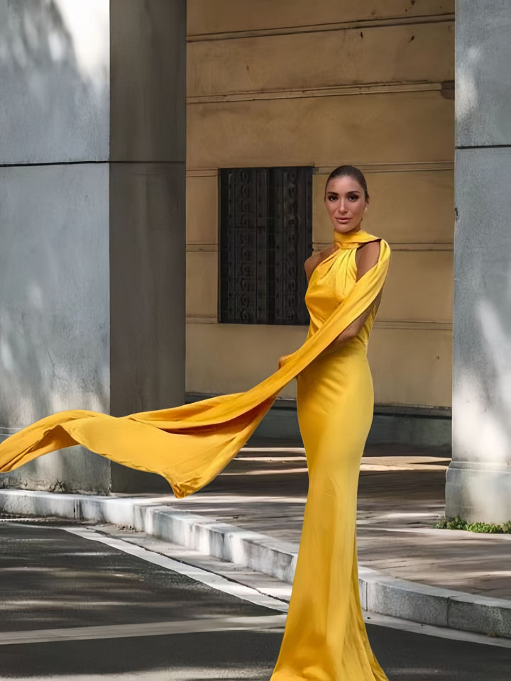 Damen Abendkleid mit asymmetrischem Schnitt und elegantem Stehkragen Drune