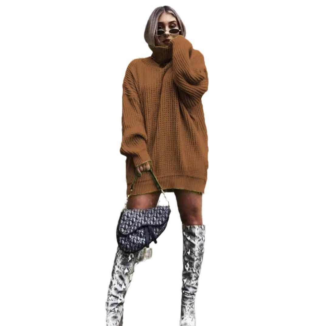Damen Oversized Strickpullover mit hohem Kragen und Waffelmuster Drune