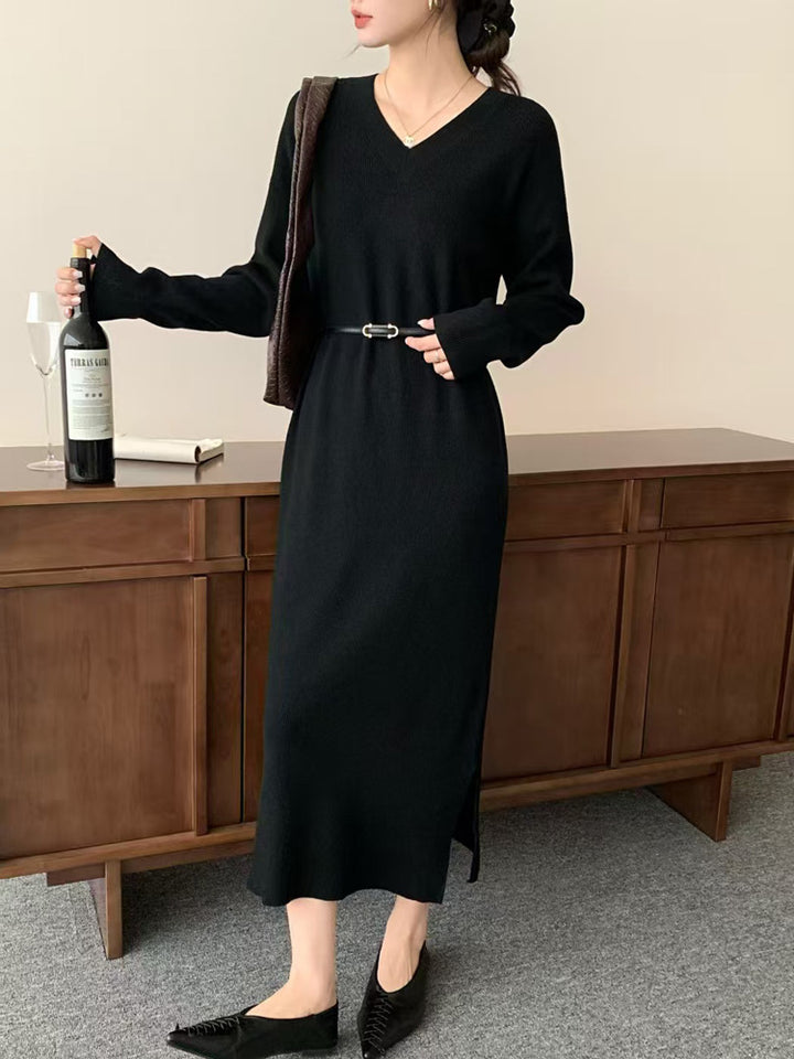Damen Langes Feinstrick-Midikleid mit V‑Ausschnitt, Seitenschlitz und entspannter Silhouette Drune