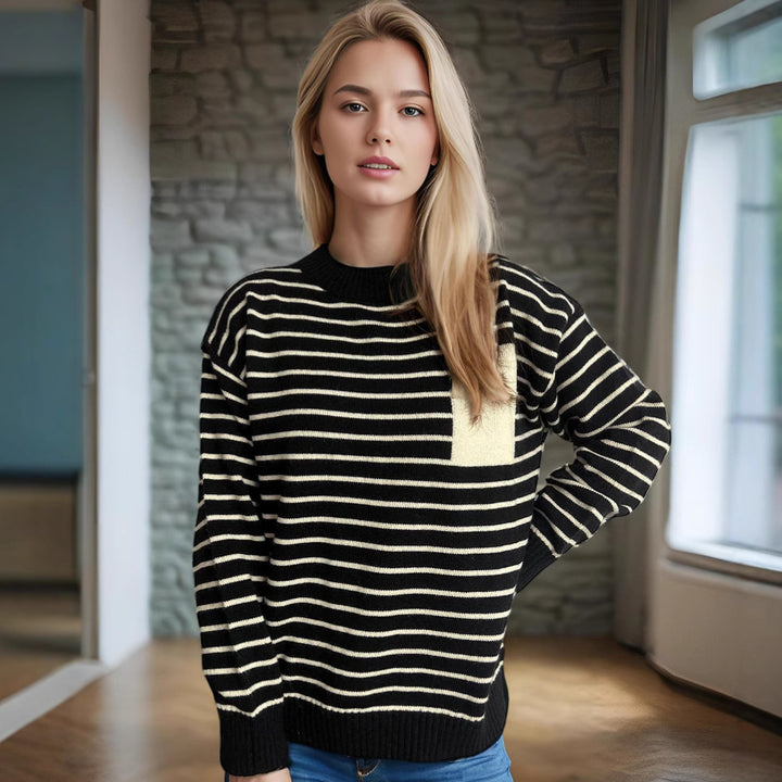 Damen lässiger Strickpullover mit breitem Streifenmuster und überschnittenen Schultern Drune