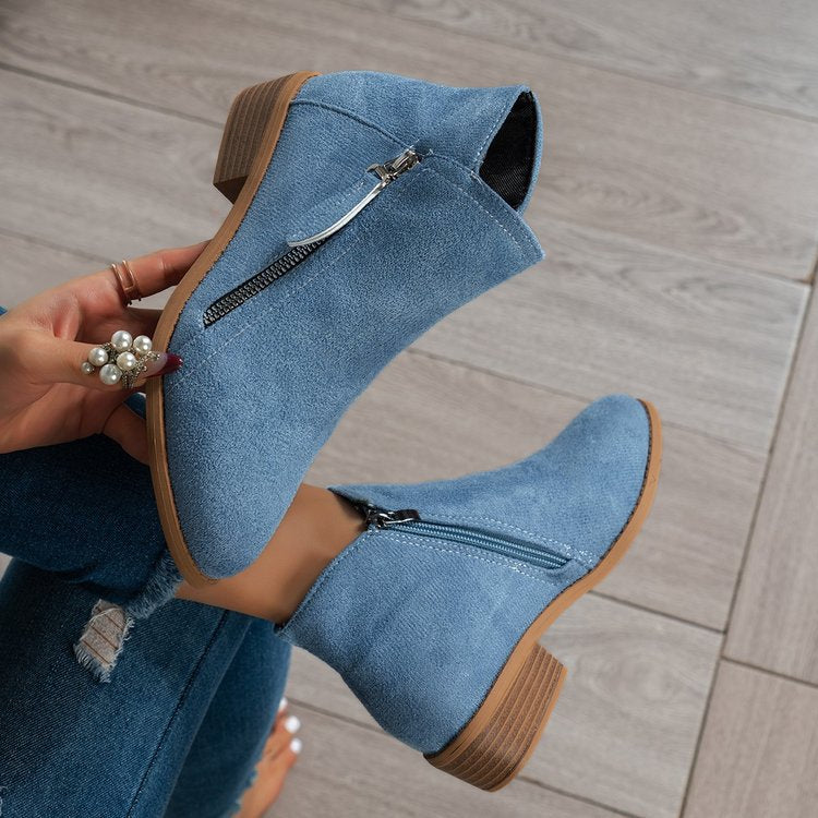Damen Stiefel mit seitlichem Reißverschluss und elegantem Samtoberfläche Drune