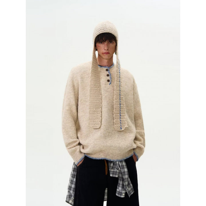 Herren Grobstrick-Henley-Pullover mit Bouclé-Optik und kontrastierten Bündchen Drune